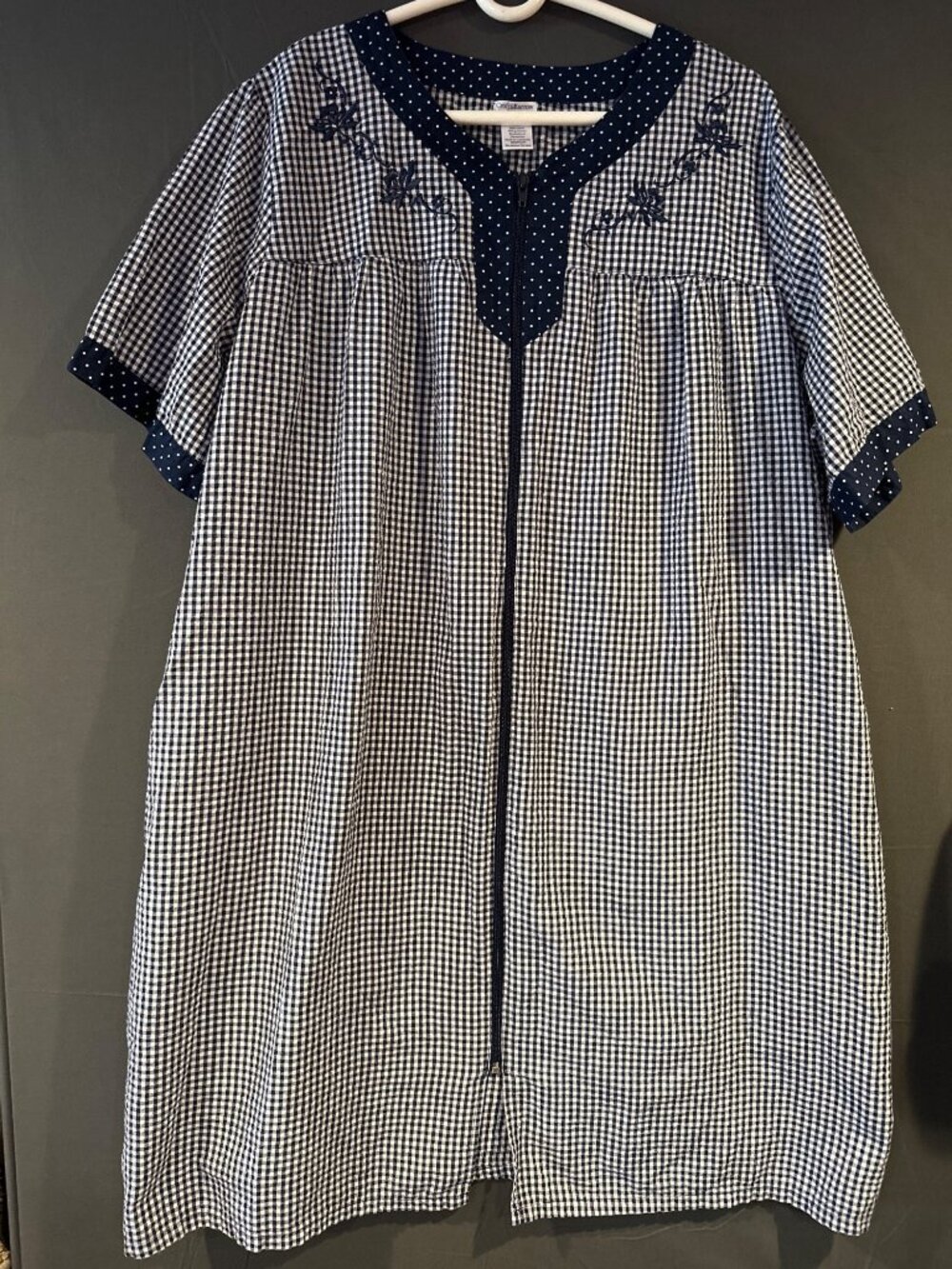 Croft & Barrow 2X Gingham Zip House Dress Robe Navy White Grannycore Comfy